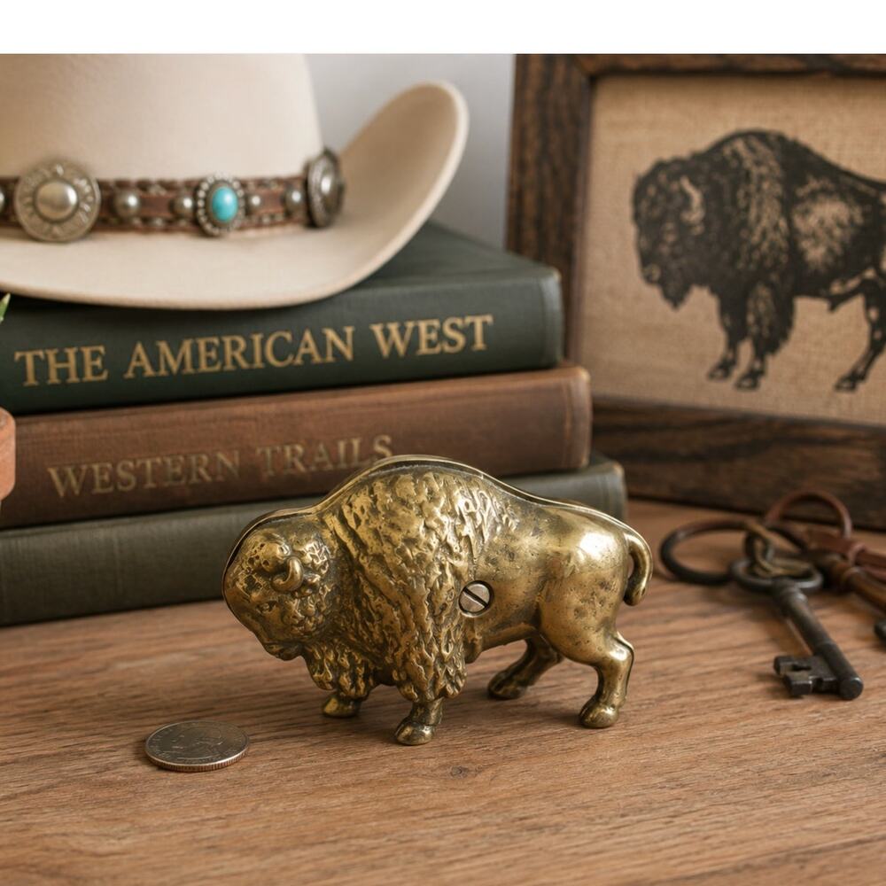 Vintage Brass Bison Buffalo Coin Bank Heavy Figural Still Bank Western Decor